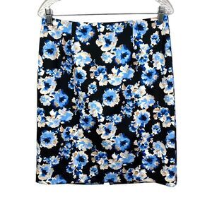 Carmen Marc Valvo Womens Skirt Floral A Line Stretch Vented Zip Blue Black Sz‎ 8